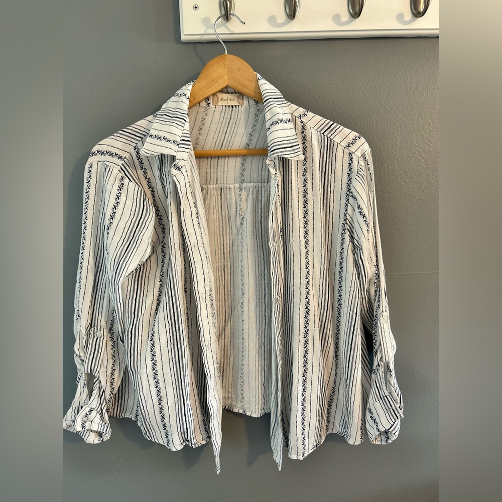 Altar'd State Navy and White Floral Striped Button Down Shirt
